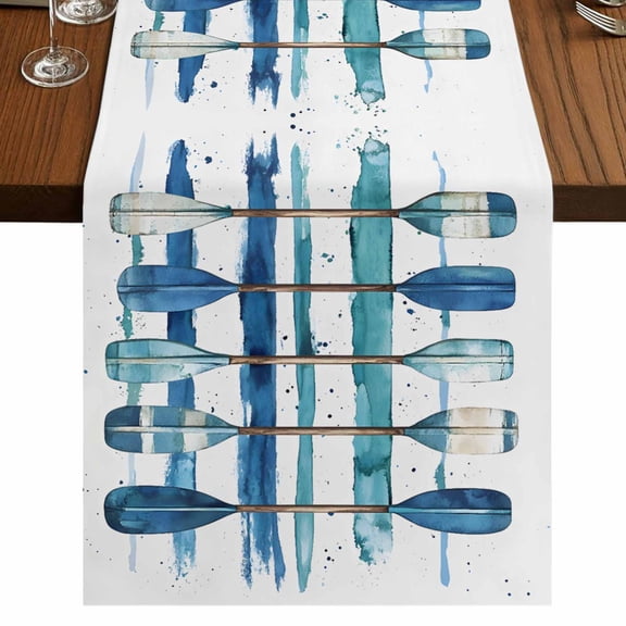 Lake Paddles 70 Inch Table Runner, Summer Watercolor Teal Blue Striped Farmhouse Dresser Scarf Cotton & Linen Tablerunner for Dining/Kitchen Island/Holiday Party Décor 13" x 70"