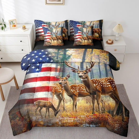 Erosebridal 3D Deer Bedding Twin Size, Jungle Wildlife Bedding Sets Twin Size, American Flag Reversible Bed Set, Super Cozy Bedroom Decorative, 7-Piece