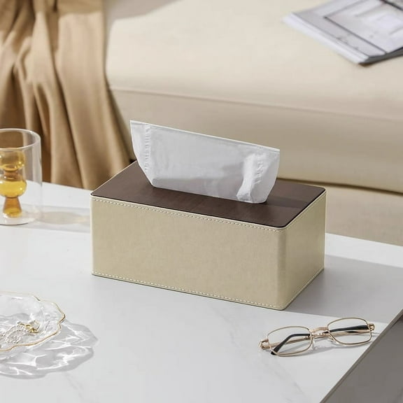 Nvzi-a Tissue Box Cover, Leather Tissue Box Holder, Rectangular Tissue Box Covers for Kleenex, Napkin, Rectangle Tissue Holder for Bathroom Home Office 9.84*5.51*4.13in（Beige B,L）
