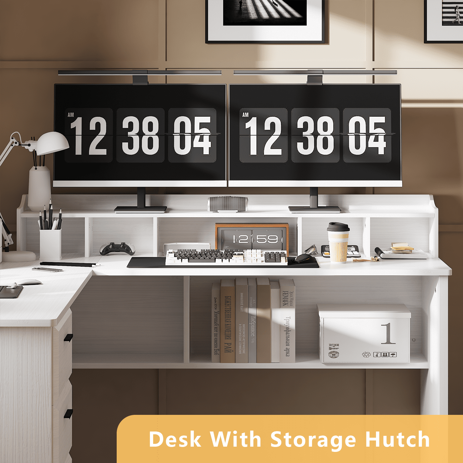 Catrimown White L Shaped Desk with Drawers, 60 Inch Corner Computer Desk with Power Outlet and USB Ports, Wooden Home Office Desk with File Cabinets, White