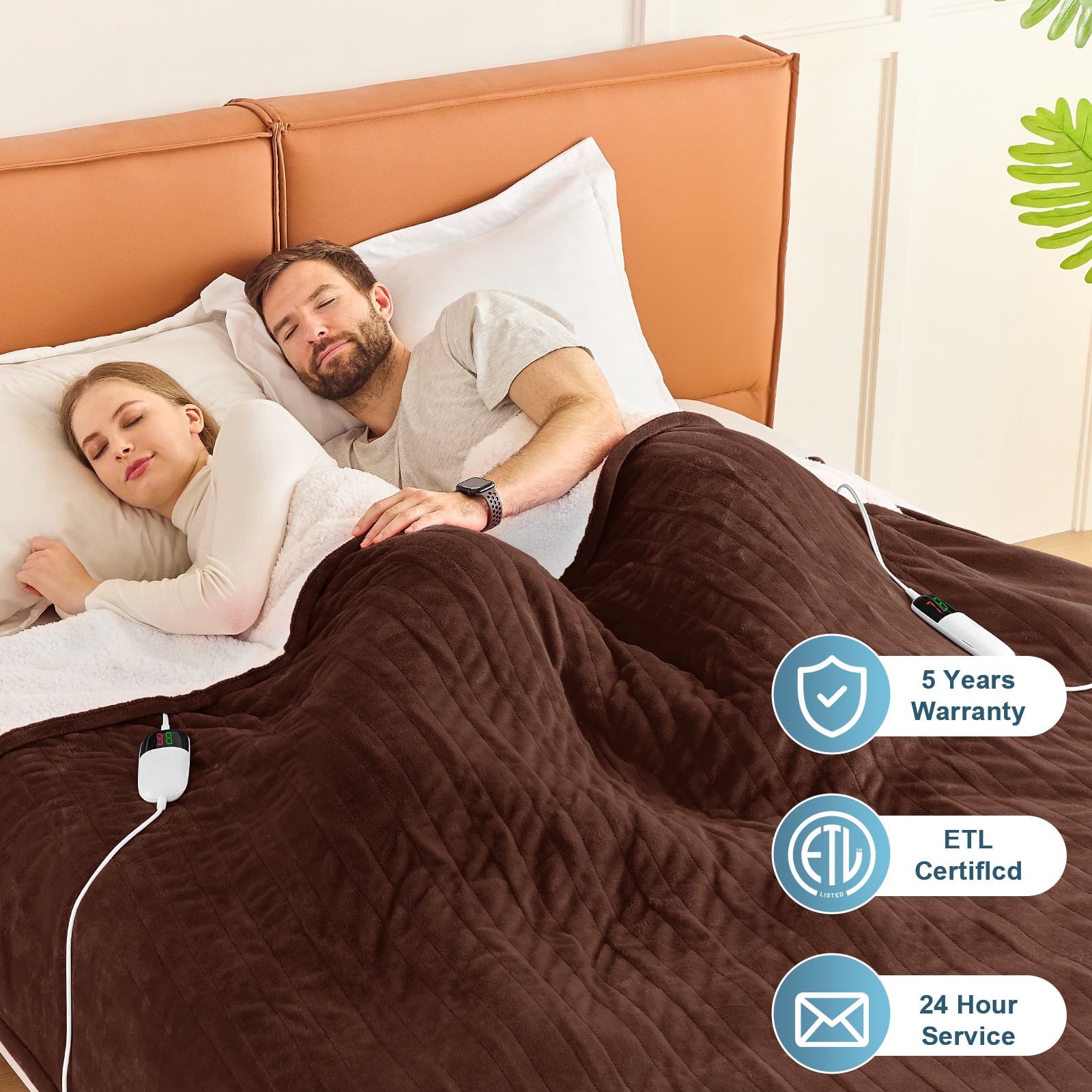 PMONPA Electric Heated Blanket, Flannel & Sherpa Heating Blanket for Adult, Fast-Heating with 10 Heat Levels 5 Time Settings (101"x91", Coffee)