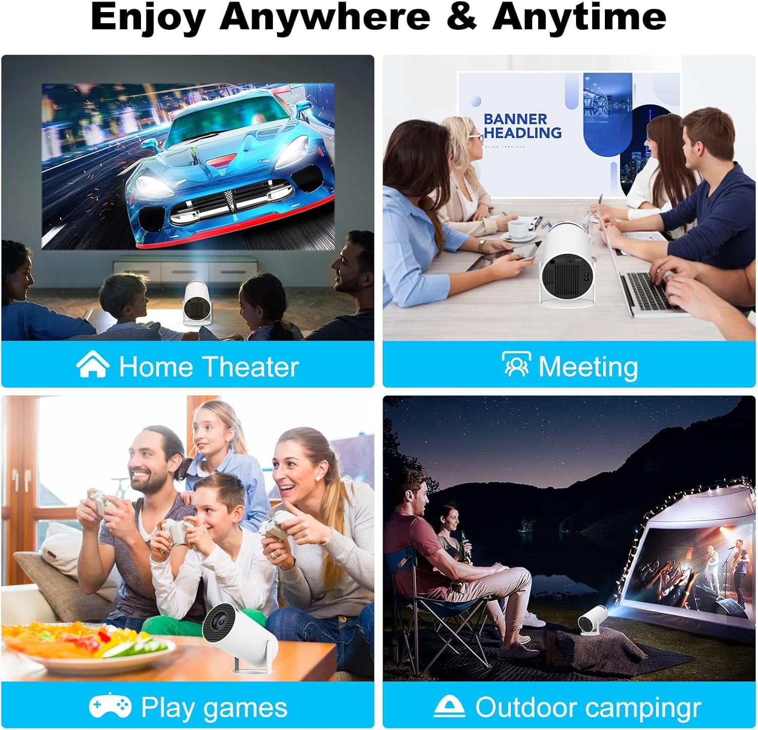 CAMPARK Mini Portable Projector, 4K/260 ANSI Smart Projector with WiFi 6 BT 5.0, Auto Keystone, Screen Adjustment, 270 Degree Rotation, Home Video Projector Built-in Android 11.0 OS, White