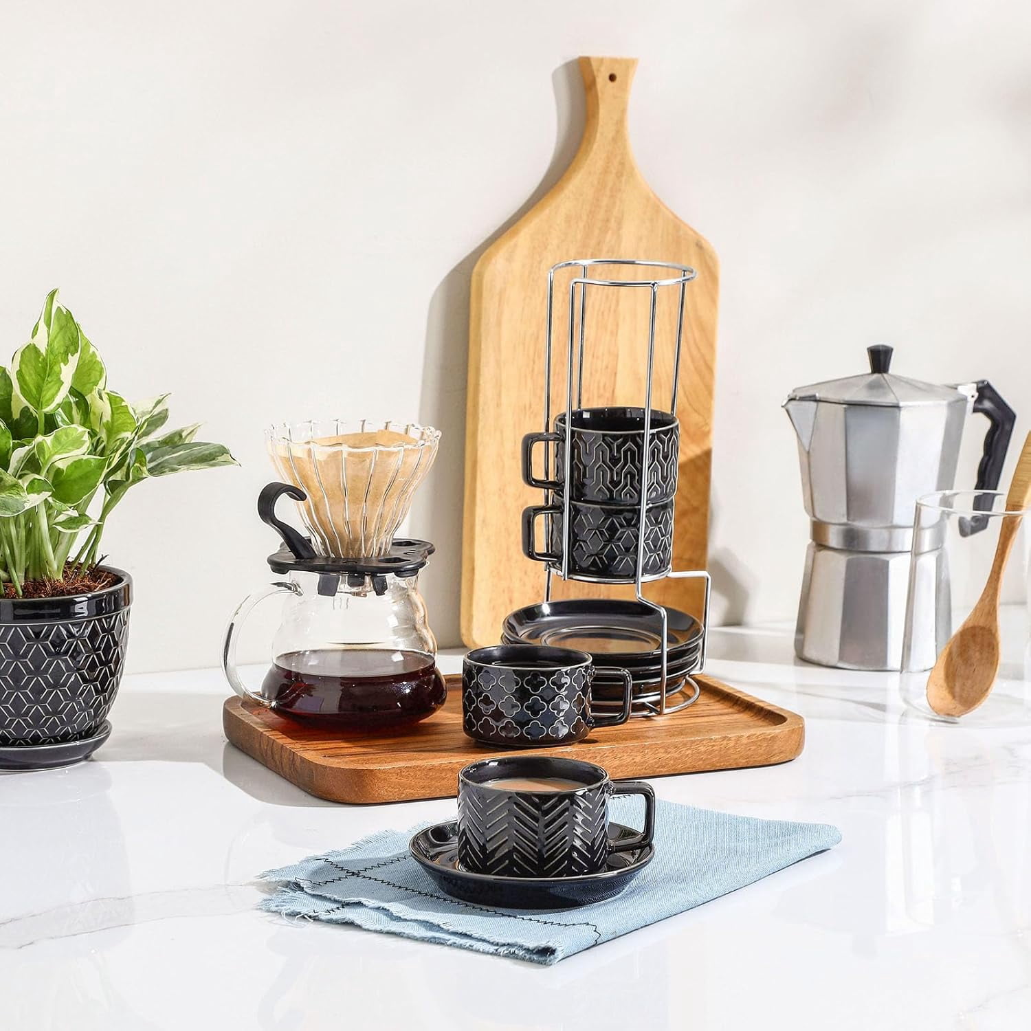 Sureasy 4 Ounce Ceramic Espresso Cups Set of - Stackable Demitasse with Saucers & Metal Stand, Coffee for Latte, Tea, Dishwasher Oven Safe, Black