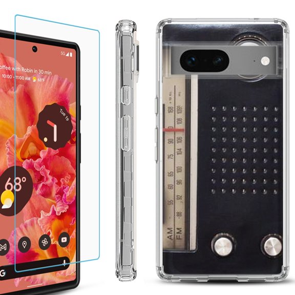 OneToughShield ® for Google Pixel 7a Shockproof Bumper Phone Case, with Tempered Glass Screen Protector - Vintage Radio