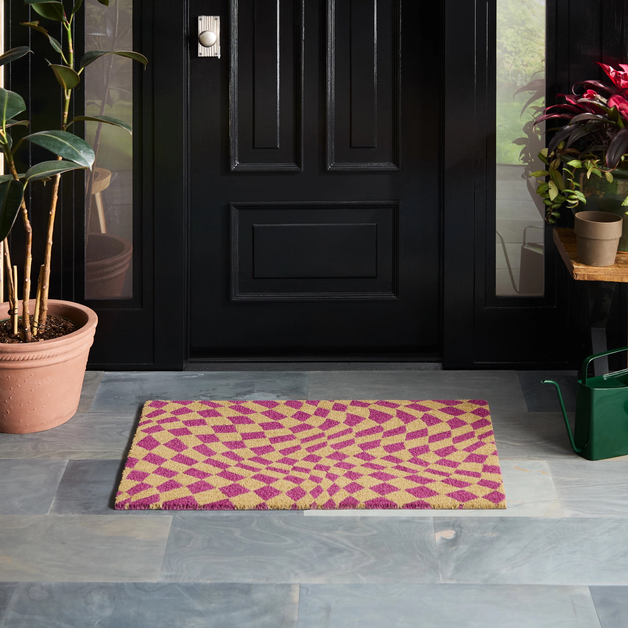 TOWN & COUNTRY TERRA Emmett Groovy Checkerboard Outdoor Door Mat, Natural Coir, Heavyweight, Non-Slip Entryway Mat, Purple, 24"x36"