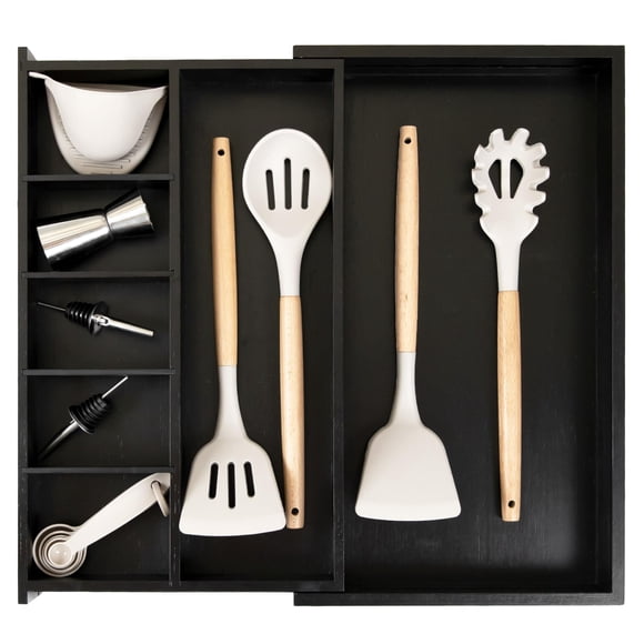 KitchenEdge Organizador de cajones de cocina ajustable para utensilios y trastos 1 compartimento grande y 5 pequeños Divisores de pared ajustables Patas antideslizantes Acabado en negro 100% madera de