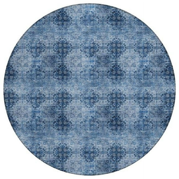 HomeRoots 562967 8 ft. Round Navy Blue Round Floral Medallion Washable Non Skid Indoor Outdoor Machine Woven Area Rug