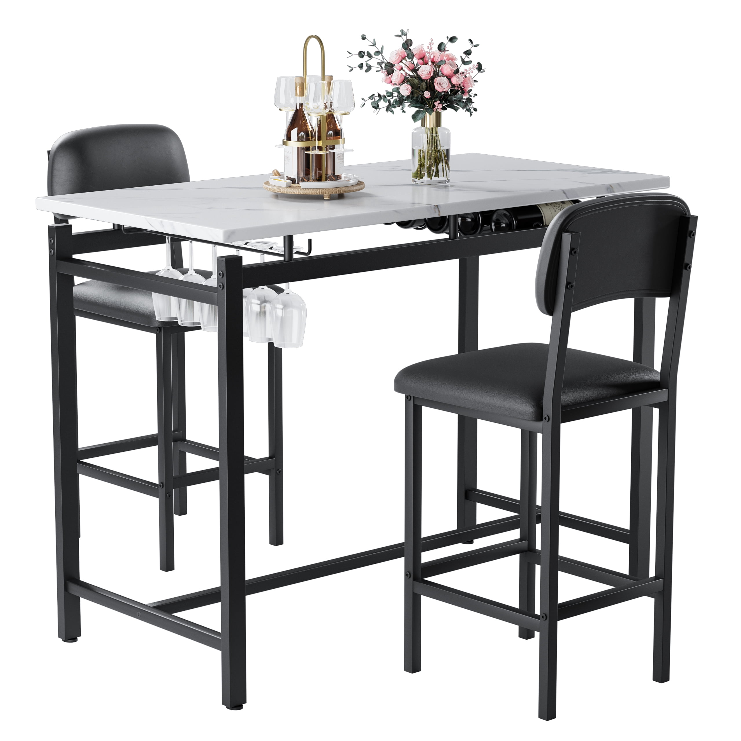 Aukfa Bar Dining Table Set&nbsp;for 2, Kitchen Table Set w/ Wine Rack &Upholstered Chairs for Small Spaces, Black