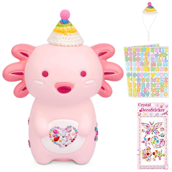 Axolotl Piggy Bank,Cute Coin Bank with Hat Stickers and Rhinestone,Unbreakable Plastic Money Bank,Piggy Bank Toy for Kids Adults Boys Girl Great Birthday Gifts