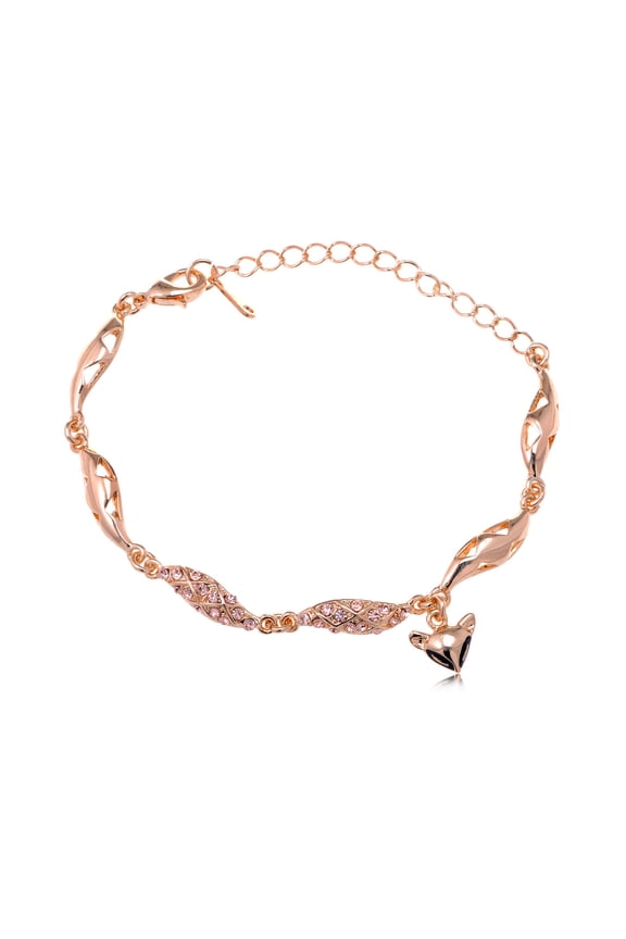 Black Eyed Fox And Rhinestone Golden Toned Charm Bracelet With Adjustable Clasp