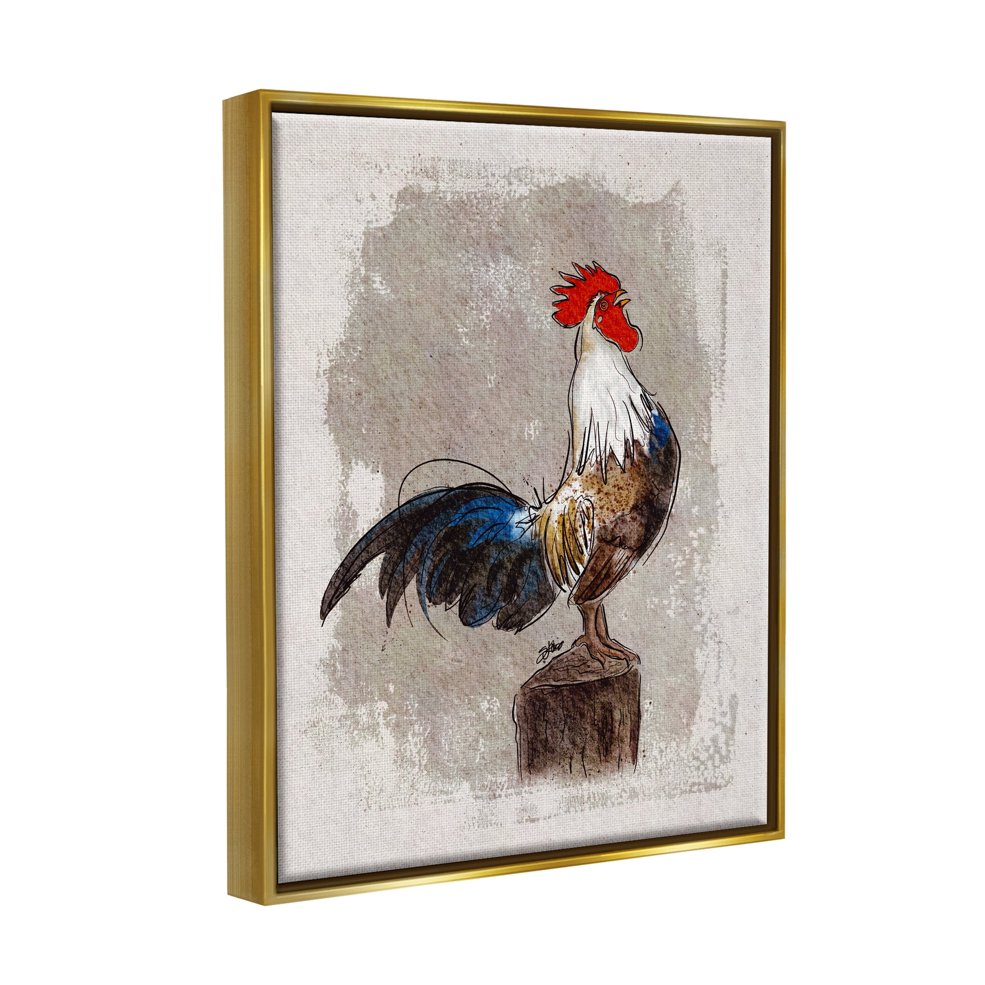 Stupell Farmhouse Rooster Perched Painting Animals & Insects Painting Gold Floater Framed Art Print Wall Art