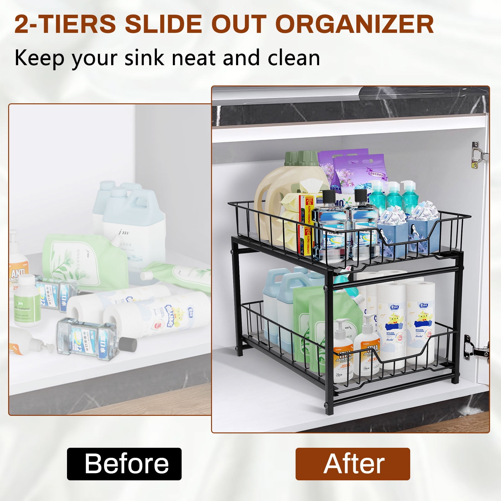 NUBILY Under Sink Organizer 2 Tier Pull Out Rustproof Sliding Drawer for Kitchen Bathroom Cabinet Black