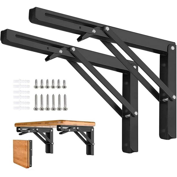 Soportes para estantes plegables: 16 pulgadas, 2 piezas, soporte para estante triangular plegable de acero inoxidable resistente, bisagra para mesa plegable montada en la pared DIY
