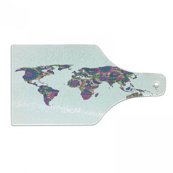 Wanderlust Cutting Board, Colorful World Map with Flowers Blossoms Floral Art, Decorative Tempered Glass Cutting and Serving Board, Wine Bottle Shape, Lime Green Fuchsia, by Ambesonne