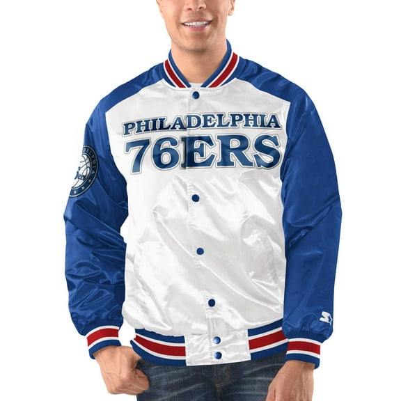 Men's Starter White/Royal Philadelphia 76ers Renegade Satin Full-Snap Varsity Jacket