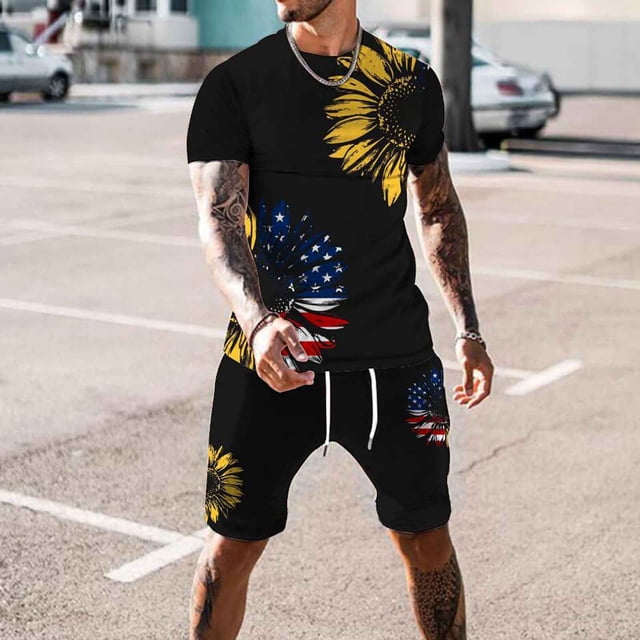 TIMIFIS Tenues 2 Pcs pour Hommes 4 Juillet Été Décontracté Imprimé Drapeau USA Col Rond Manches Courtes et Shorts - Printemps/été