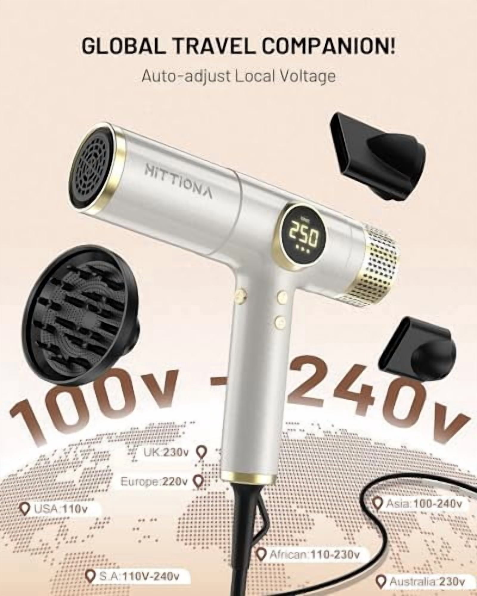 Dual Voltage Travel Hair Dryer with Magnetic Diffuser, 2000W High-Speed Ionic Hair Dryers Gift for Women, Fast Drying, Low Noise, No Heat Damage