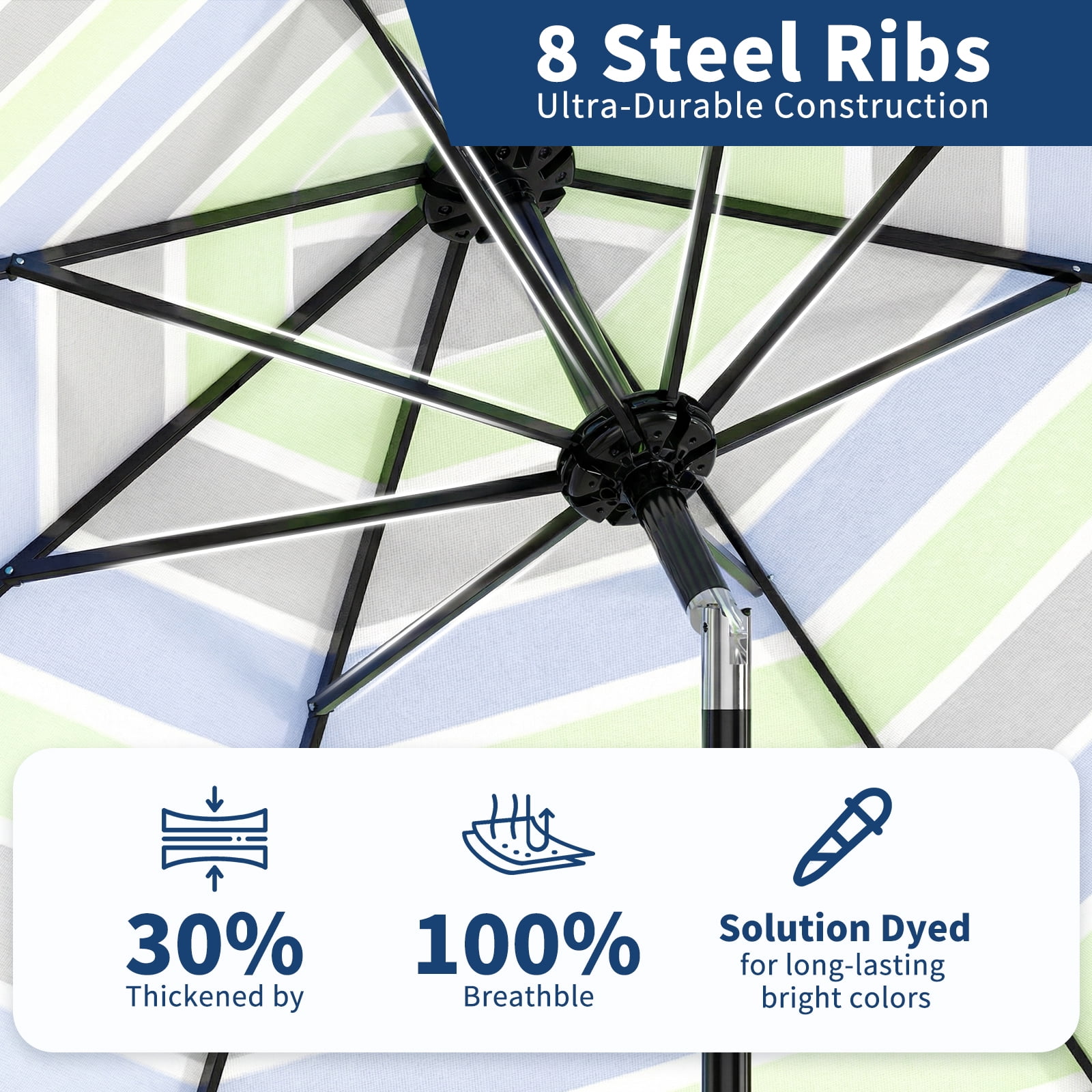 10FT Outdoor Patio Umbrella with 8 Sturdy Ribs, Crank Lift and Push Button Tilt, UV Protection Waterproof Market Table Umbrella for Pool Deck Yard, Tricolor Stripes (Base NOT Included)