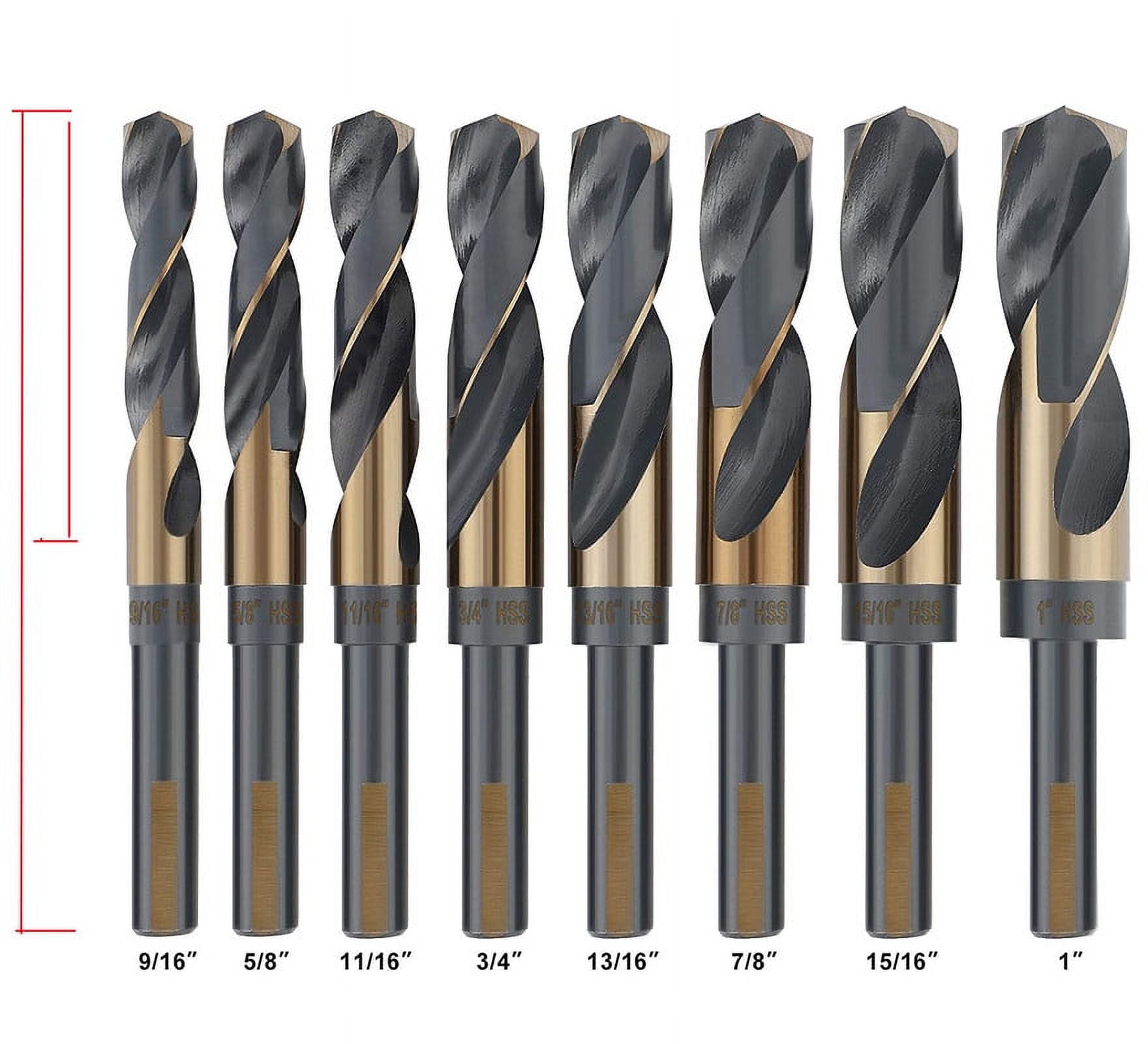 8Pcs HSS Silver and Deming Drill Bit 1/2" Reduced 3-Flat Shank Golden/Black Oxided 135 Deg.Split Point
