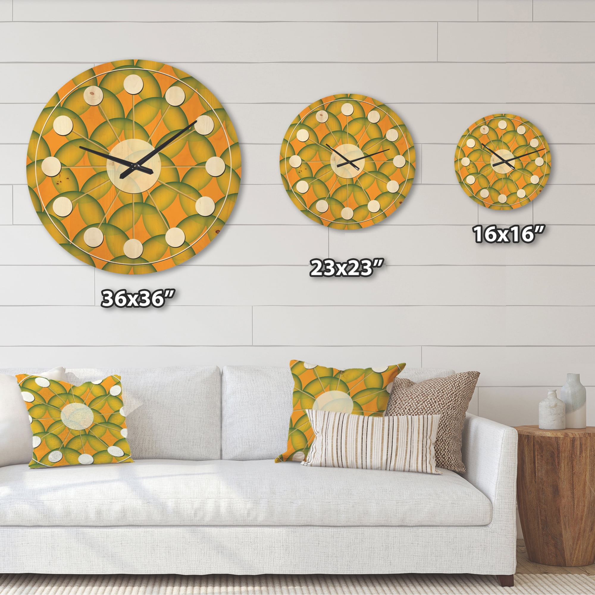 Designart 'Abstract Retro Design In Yellow and Green ' Mid-Century Modern Wood Wall Clock