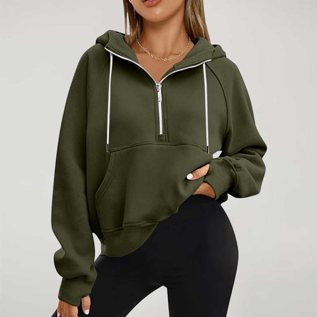 Jsaierl Half Zip Sweatshirts Cropped Hoodies Fleece Drawstring Sweatshirt Fall Winter Tops Solid Color Long Sleeve Pullovers with Pockets