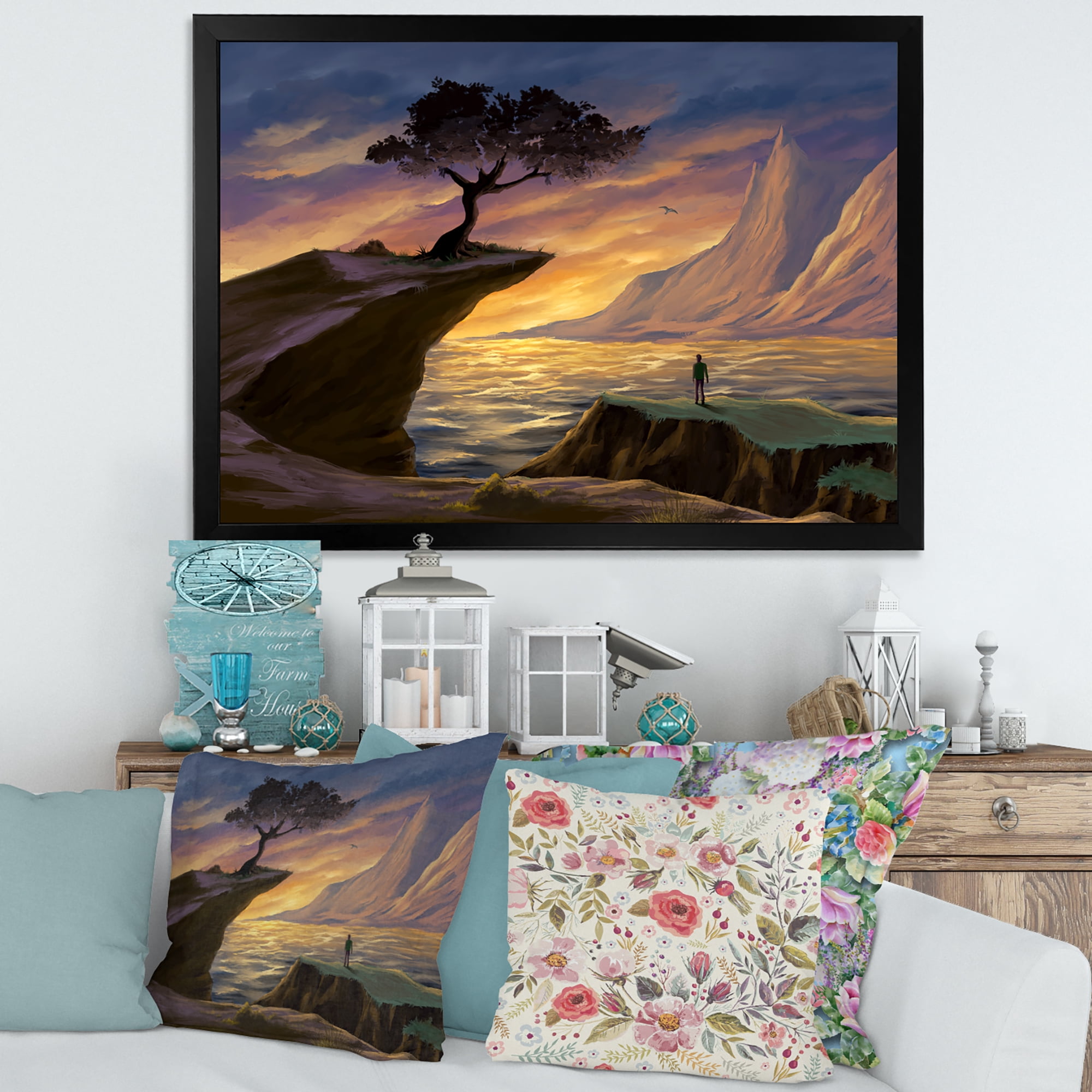 Designart 'Tree On A Sea Cliff At Evening Light' Lake House Framed Art Print