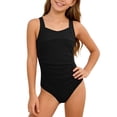 thumbnail image 2 of Girls One Piece Swimsuit Wide Strap Ruched Solid Color Square Neck Athletic Swimwear Bathing Suit For Kids And Teens Pool Beach Water Sports,Black,14, 2 of 7