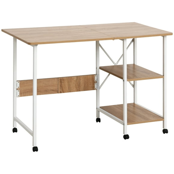 HOMCOM Folding Computer Desk with Storage Shelves, 42" Study Writing Table Laptop Desk with 6 Wheels for Bedroom Home Office Workstation, Natural
