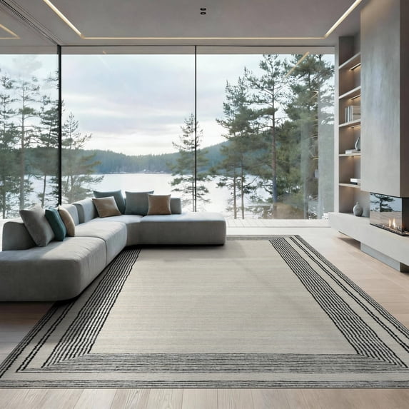 ODIKA 8'x10' Washable Area Rug Durable, Non-Slip Under Doormat Vintage Farmhouse Pinstripe Welcome Entryway Layering for Living Room, Sectional, Family