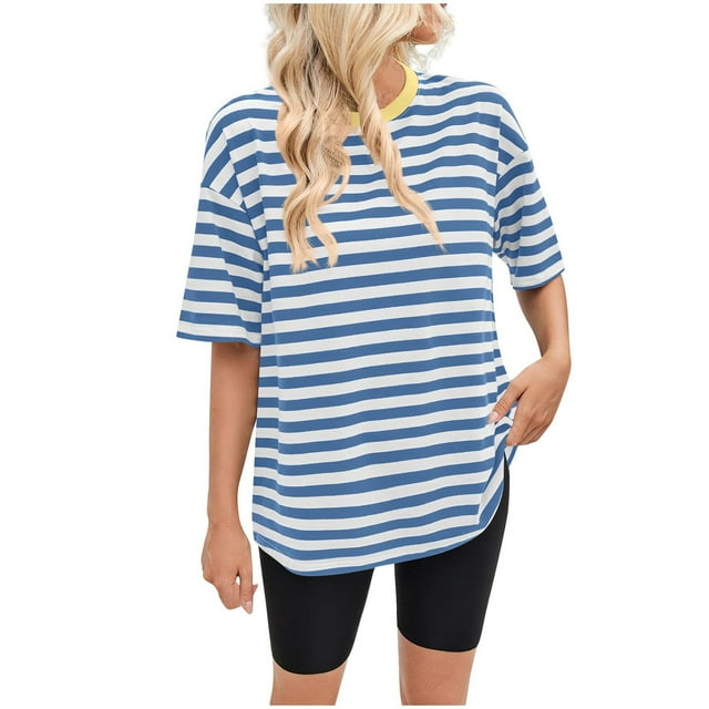 Pisexur Hauts de Printemps pour Femmes 2025, Hauts pour Femmes, Hauts pour Dames 100 % Coton, Haut Décontracté à Manches Courtes Imprimé Rayé Col Rond Mode Bleu Ciel, P