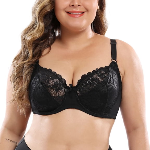 Plus Size Women Lace Gather Push Up Bra Underwire Embroidery Floral Adjustable Straps D-cup Bra 34-46