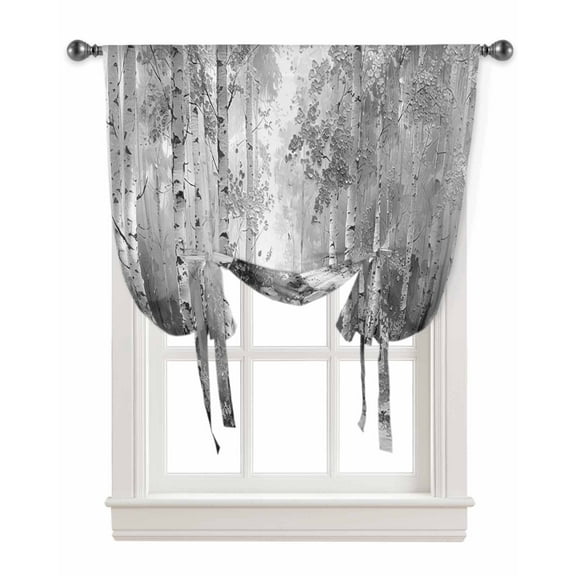 Grey Tie Up Curtains for Kitchen Bathroom Bedroom Windows 45 Inch Length, Modern Oil Painting Art Forest Balloon Drape Curtains Shade Rod Pocket Drapery Curtain Panel, 42"x45"