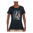 thumbnail image 2 of Howling Wolves into the Night Sky with Stars and Stripes | Womens Animal Lover Graphic T-Shirt, Black, Small, 2 of 3