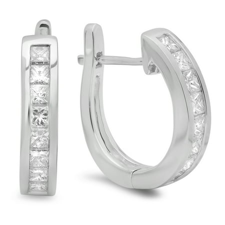 1.00 Carat (ctw) 14K White Gold Princess Cut Diamond Ladies Hoop Earrings 1 CT