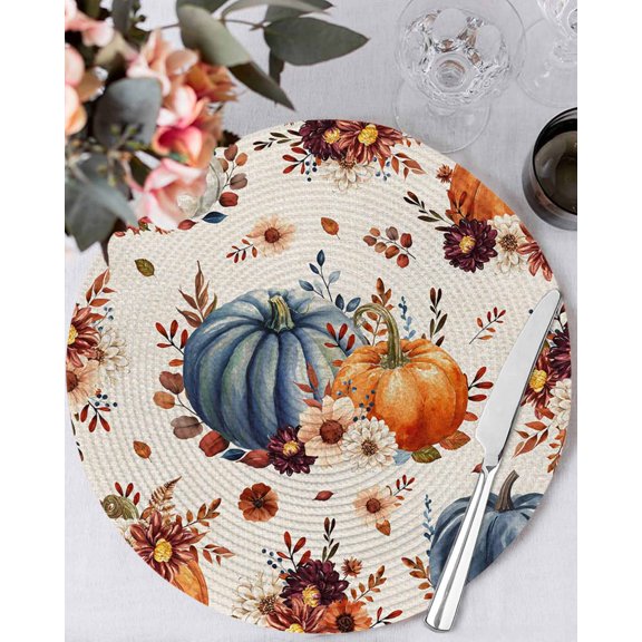 13 Inch Round Placemats Set of 6, Orange Blue Fall Pumpkins Non Slip Heat Insulation PP Table Mats, Floral Botanical Thanksgiving Rustic Washable Place Mats for Kitchen Dining Party Table Decor