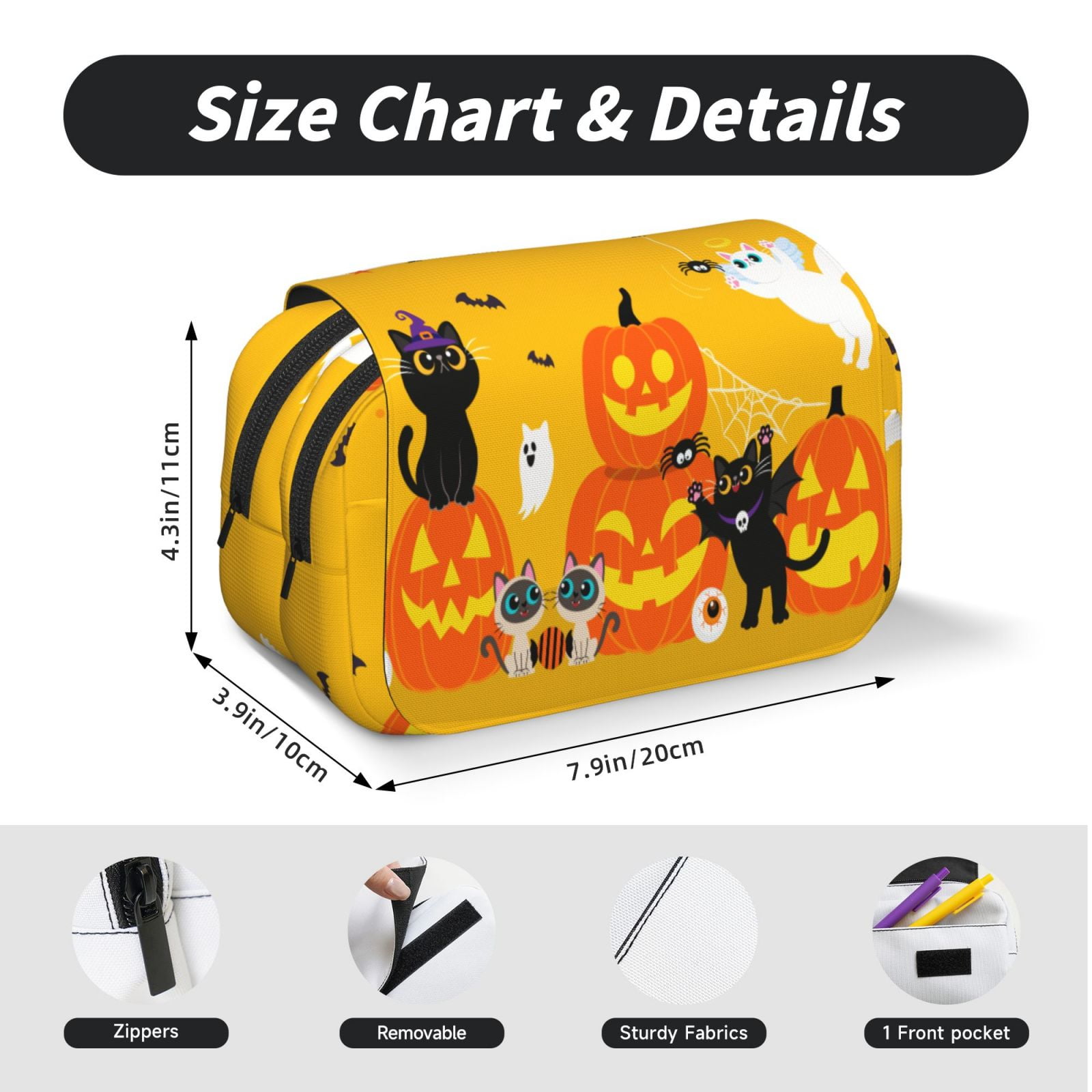 Rateoe Happy Halloween1 Pattern Double Clamshell Pen Case, Storage Organizer with Two Zipper Compartments– Holds Up to 50 Pencils & Pens