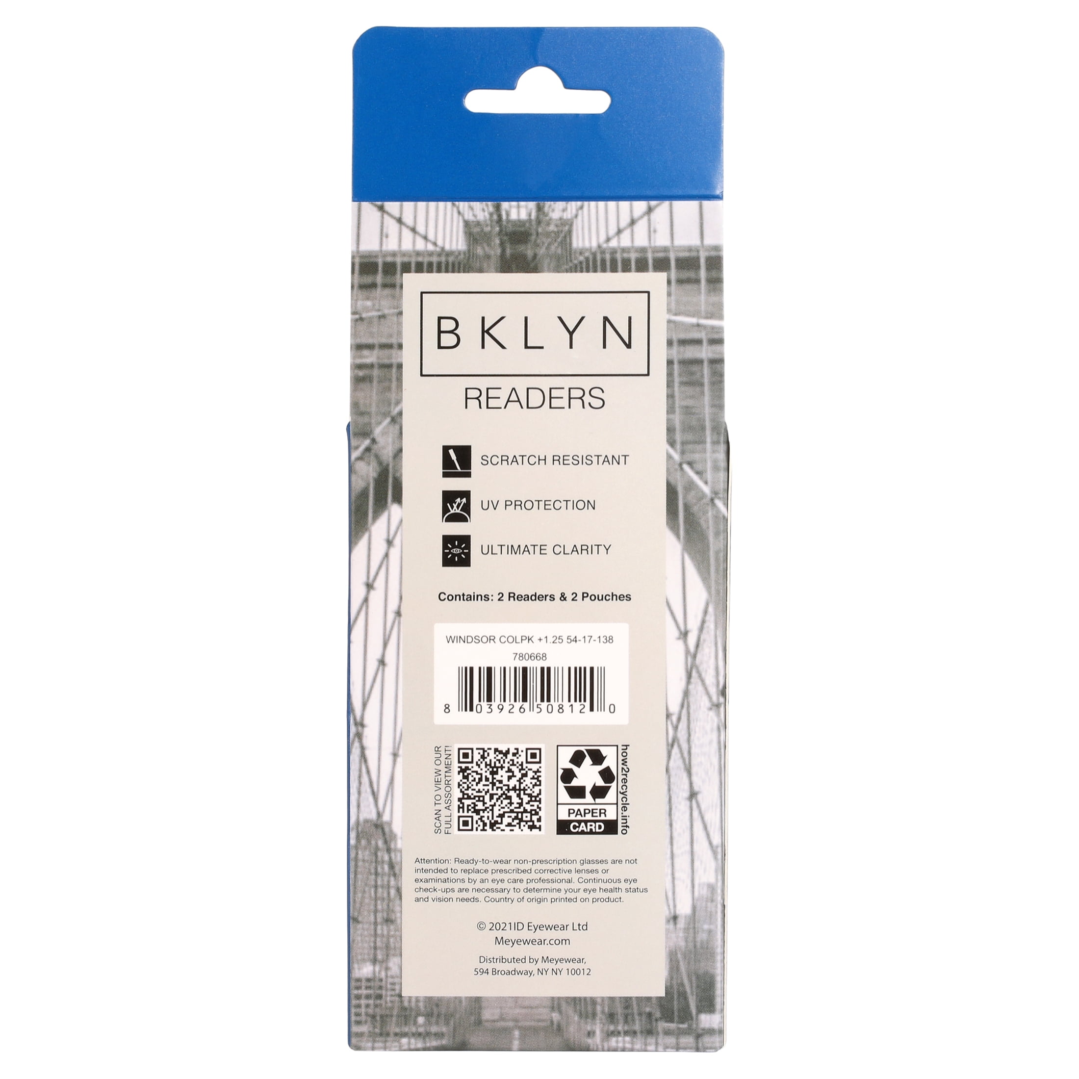 Bklyn, Windsor +1.25, Adult, Unisex, Plastic Reading Glasses & Pouches Value Pack , 2 Ea