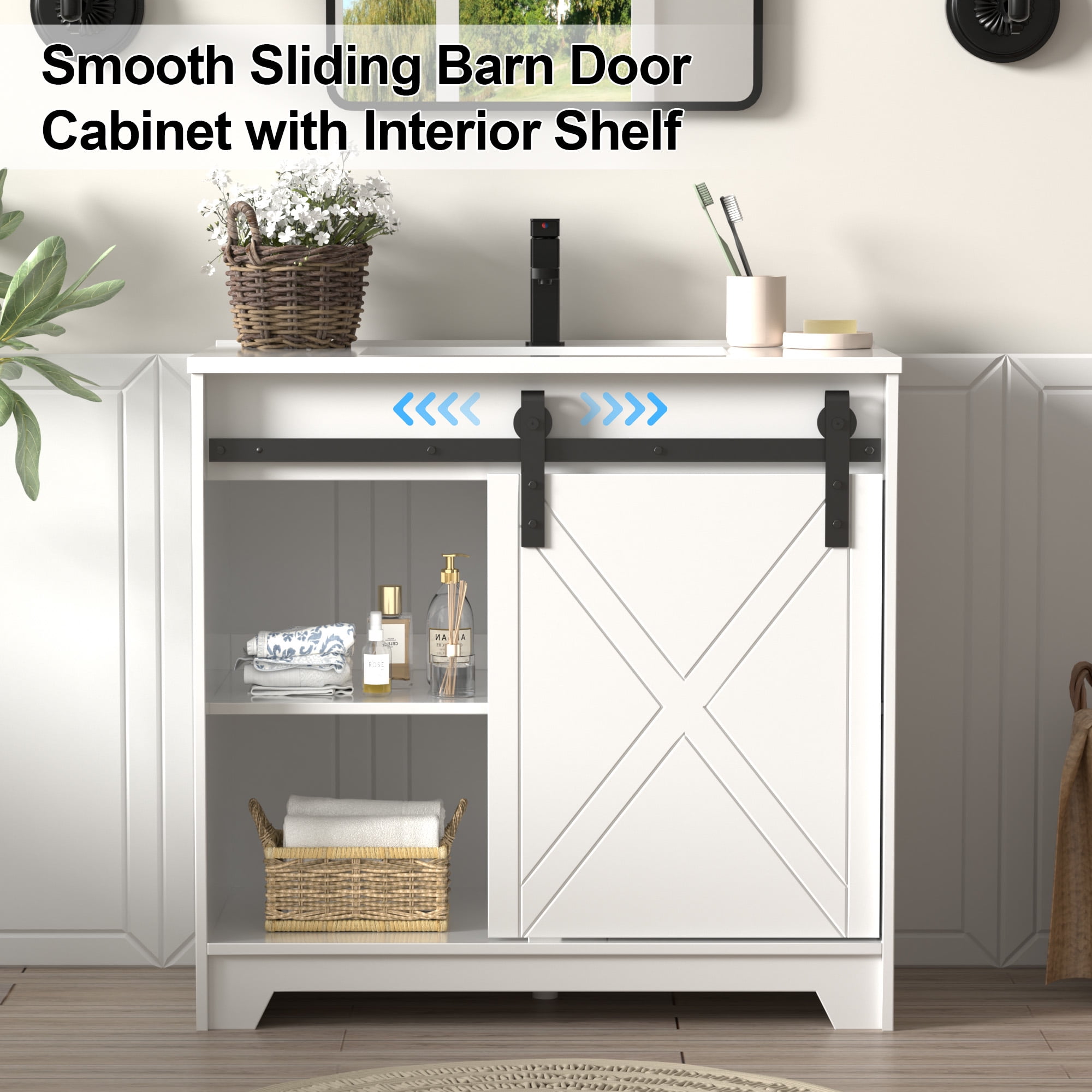 Eclife Single Bathroom Vanity Base Cabinet Farmhouse Sliding Barn Door Without Sink Top 36 Inch