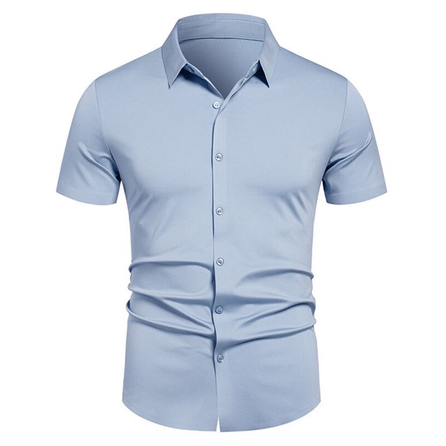 Cameland Chemise Habillée pour Hommes Couleur Unie Manches Courtes Sans Plis Coupe Régulière Extensible Boutonnée