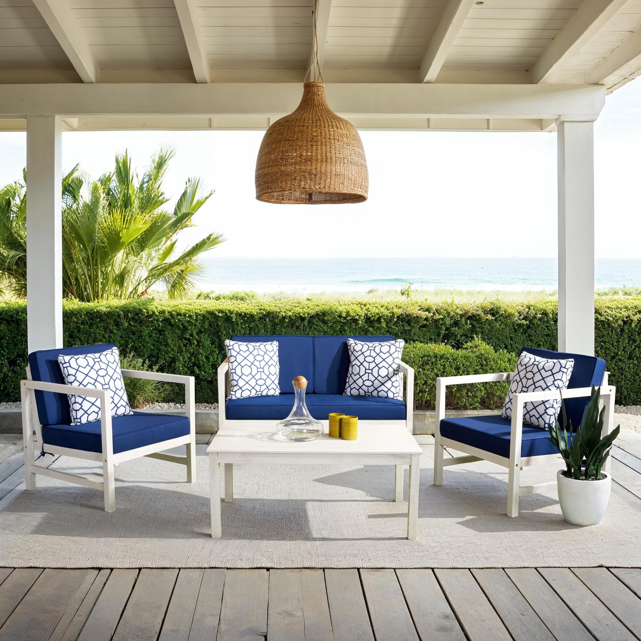 SAFAVIEH Montez Outdoor 4 Pc Conversational Set, White/Navy