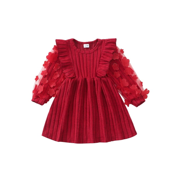 Vestido para niños pequeños Sweetabby 2T de tul con volantes rojos, manga larga