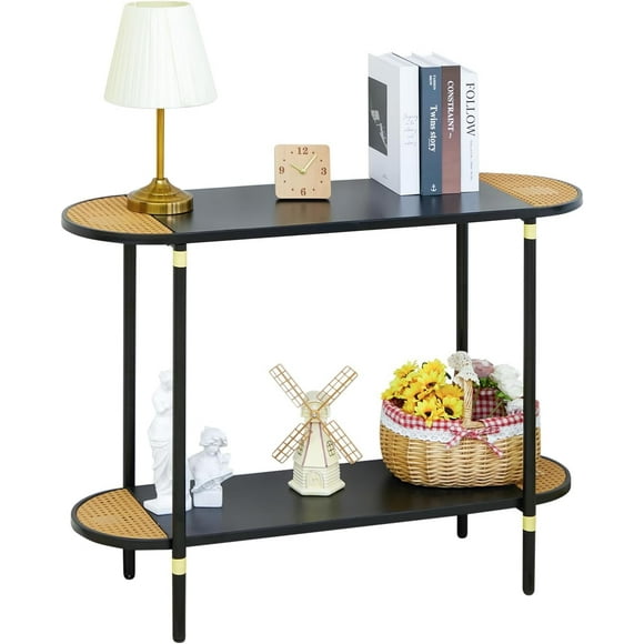 Black Metal Console Table with Rattan Decor, 2-Tier Entryway Table, 42.32"(L) Narrow Sofa/Couch Side Table with Metal Frame, Hallway Entry Table for Living Room.