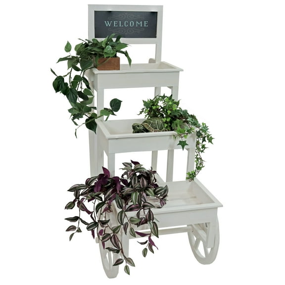Sunnydaze 41.5" x 20.5" x 44.25" 3-Tier White Wooden Plant Stand with Wheels and Chalkboard