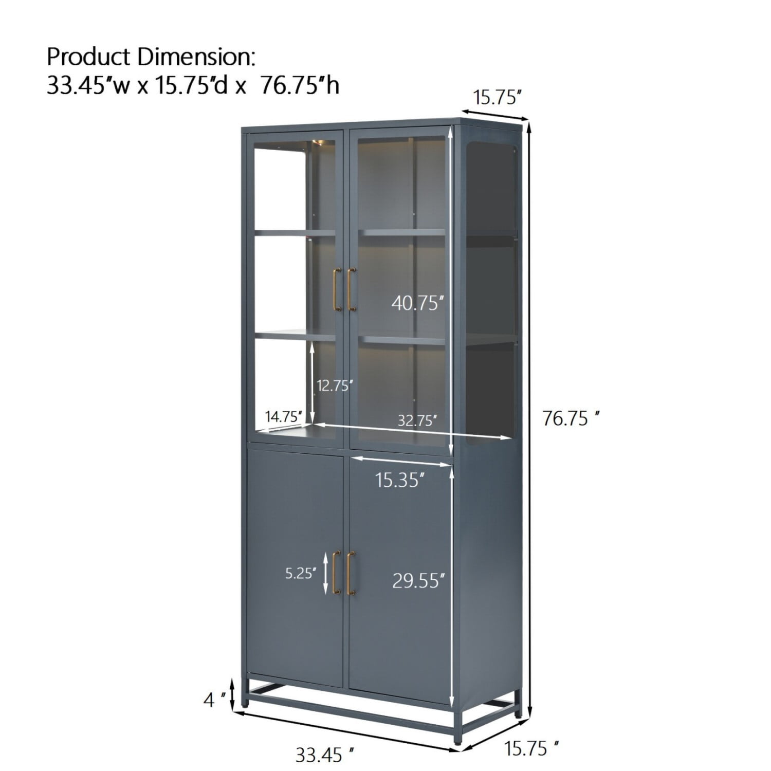 76.75" Tall Glass Display Cabinet with LED Lights, Steel Curio Cabinet with 3-Sided Glass, Double Door Storage Cabinet for Kitchen Living Room Office Pantry Home Decor, Dark Blue
