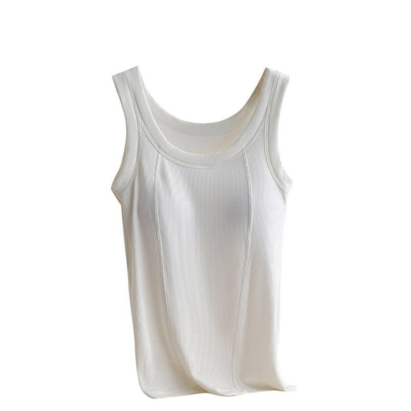 Ashirexll Sleeveless Tops for Women Solid Color Thread Suspender Tank with Built in Bra Round Neck