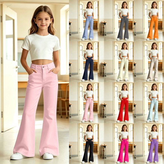 FUZHIQ Kids Flared Pants School Solid Color Casual Pants with Double Pockets Relaxed Fit Long Trousers for Boys Girls Everyday Wear