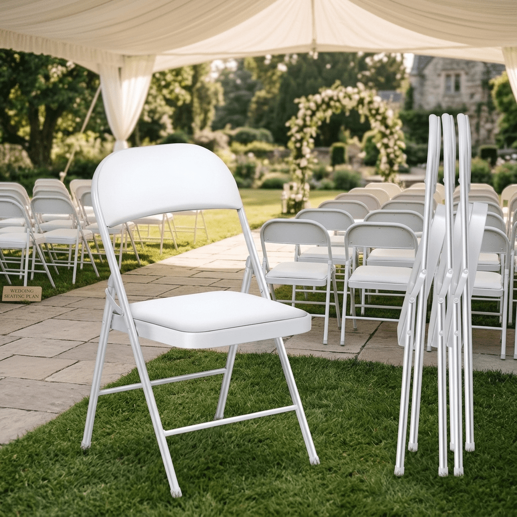 Fenbeli Padded Folding Chairs 4 Pack, White Steel Chairs with Metal Backs and 330 lb Capacity, Portable Seating for Home Events and Gatherings