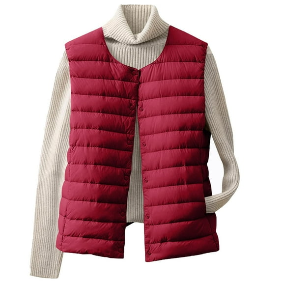 Women's Down Vest Lightweight Collarless Outdoor Down Short Jacket Sleeveless Button Warm Quilted Jacket