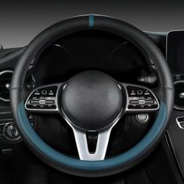 Universal 15 Inches Nappa Leather Steering Wheel Cover, Fashionable Sporty Style, Black and Blue