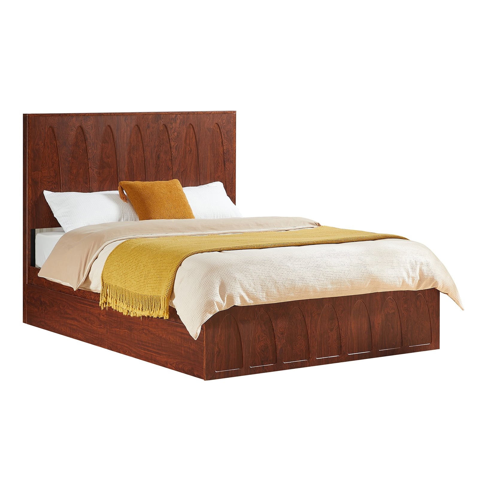Mintazer Queen Size Curved Groove Platform Bed with 4 Drawers, Platform Storage Bed for Bedroom & Guest Room, No Box Spring Needed, Brown